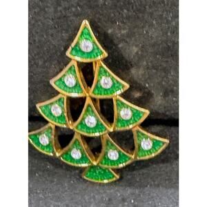 Vintage Green Enamel & Rhinestone Christmas Tree Brooch – Holiday Pin CP55